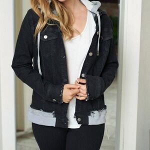 White Birch denim jean jacket with sweatshirt hoodie trim